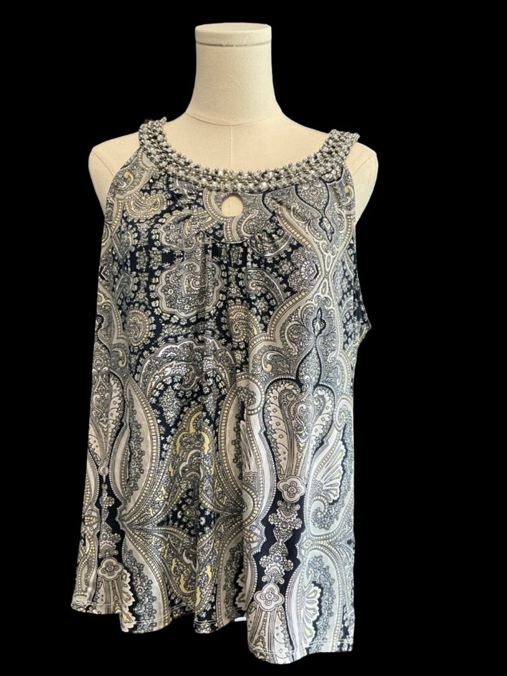Navy/Yellow Paisley Print Embellished Yoke Neck Top